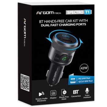Kit Manos Libres Argomtech para Auto Spectro T1 Bluetooth Pantalla LED Dos Puertos de Carga Rápida 42 W USB Color Negro