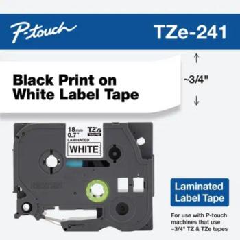 Cinta Laminada Brother con Extra Adhesivo Texto Negro sobre Cinta Blanca de 18mm X 8m TZES241G