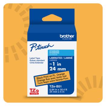 Cinta Laminada Brother Estandar Texto negro sobre cinta naranja fluorescente de 18mm x 5m
