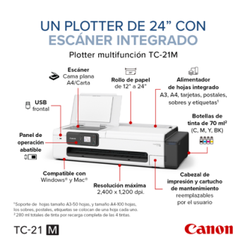 Plotter Canon imagePROGRAF TC-21 M de 24 con Sistema Inyección de Tinta Continua y Escáner de Cama Plana