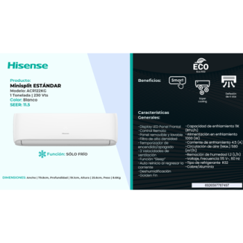 Minisplit Hisense ACR122KG Estándar 11000 BTU Solo Frío 220V R32