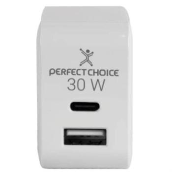 Adaptador de Corriente Perfect Choice 30W Carga Rápida Puertos USB C+A Blanco