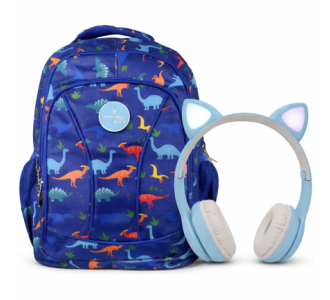 Kit Perfect Choice de Mochila Brooklyn Dinosaurio y Audífonos Catto color Azul