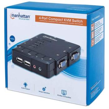 Switch KVM Manhattan Compacto 4 Puertos Desktop USB 4:1 Cables+Audio Color Negro