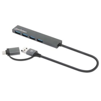 Hub Manhattan de 4 puertos USB-A 3.2 Gen 1 con conector adaptable de USB-A a USB-C