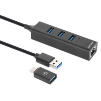 Adaptador de Red Manhattan USB A/C con Hub V3 Color Negro