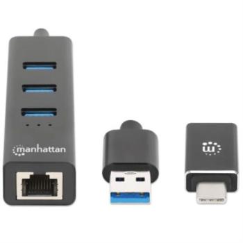 Adaptador de Red Manhattan USB A/C con Hub V3 Color Negro