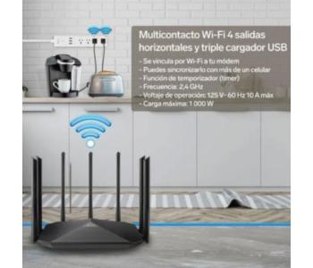 Barra Steren Multicontacto Wi-Fi de 4 Salidas Horizontales y Triple Cargador USB Color Blanco