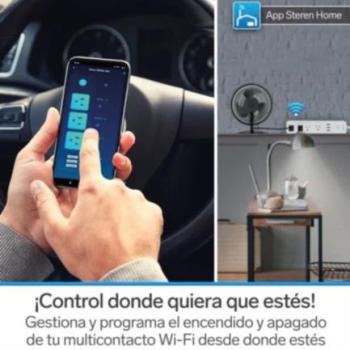 Barra Steren Multicontacto Wi-Fi de 4 Salidas Horizontales y Triple Cargador USB Color Blanco