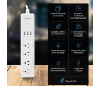 Barra Steren Multicontacto Wi-Fi de 4 Salidas Horizontales y Triple Cargador USB Color Blanco