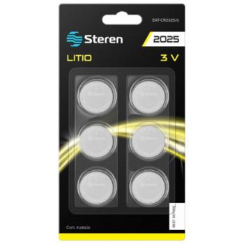 6 Pilas de Litio Steren Tipo Botón CR2025 3Vcc 150mAh Uso Múltiple