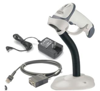 Escaner Alambrico Zebra LS2208 1D Laser con  Serial RS232 / DB9 (CBA-R01-S07PBR) Fuente de poder (PWR-WUA5V4W0US) Base (20-61019-01R) HC/Blanco