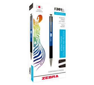 Bolígrafo Zebra F-301 Retráctil Metálico Punto Fino 0.7mm Color Azul C/6 Pzas