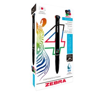 Bolígrafo Zebra 4 Color Retráctil Punto Mediano 1.0mm Colores Negro-Azul-Rojo-Verde C/6 Pzas