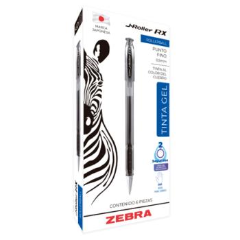 Bolígrafo Zebra J Roller RX Punto Fino 0.5mm Tinta Gel Color Negro C/6 Pzas
