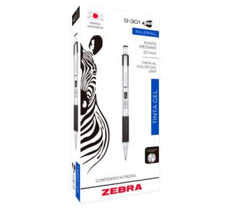 Bolígrafo Zebra Rollerball G-301 Punto Mediano 0.7mm Tinta Gel Color Negro C/6 Pzas