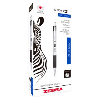 Bolígrafo Zebra Rollerball G-301 Punto Mediano 0.7mm Tinta Gel Color Negro C/6 Pzas